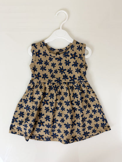 Beige Blue Floral Print Sleeveless Frock