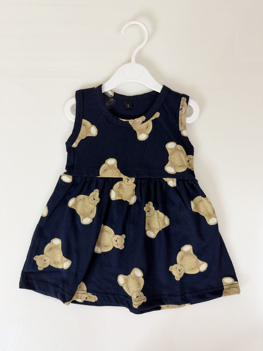 Navy Blue Teddy Bear Print Sleeveless Frock