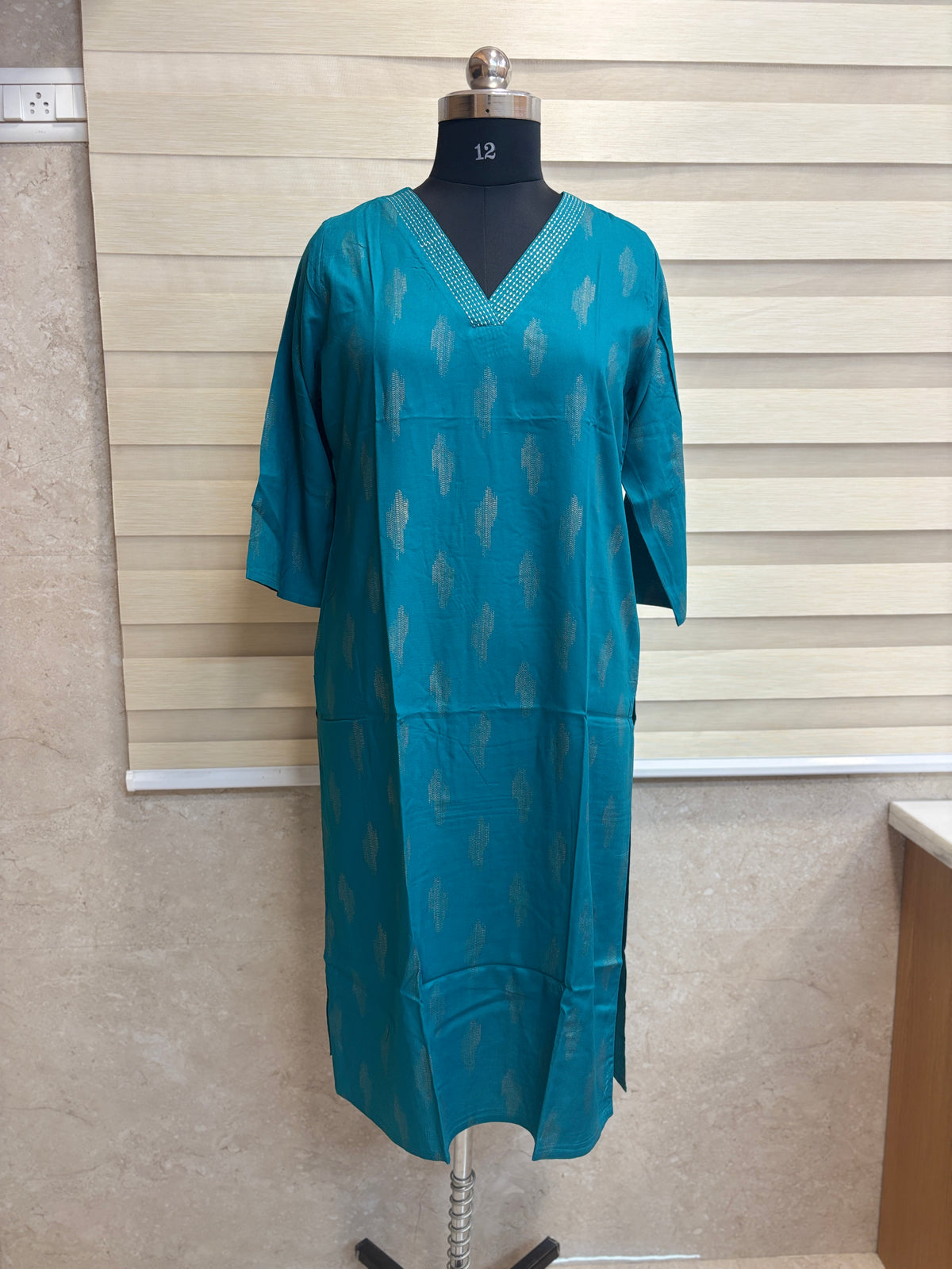 Teal Blue Silver Buti Straight Kurti Top