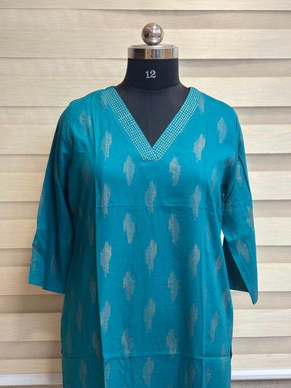 Teal Blue Silver Buti Straight Kurti Top