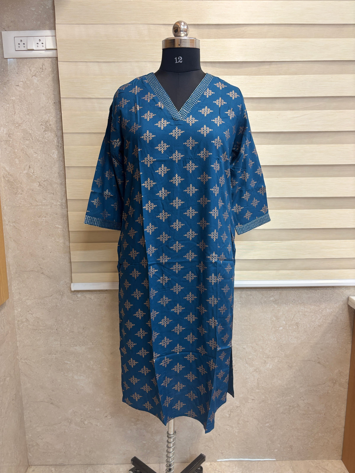 Royal Blue Golden Geometric Print Straight Kurti Top