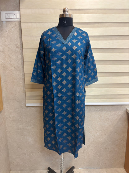 Royal Blue Golden Geometric Print Straight Kurti Top