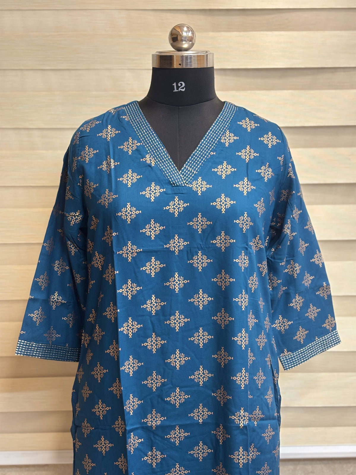 Royal Blue Golden Geometric Print Straight Kurti Top