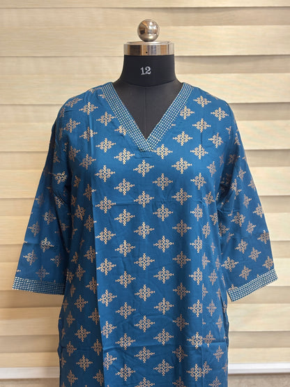 Royal Blue Golden Geometric Print Straight Kurti Top