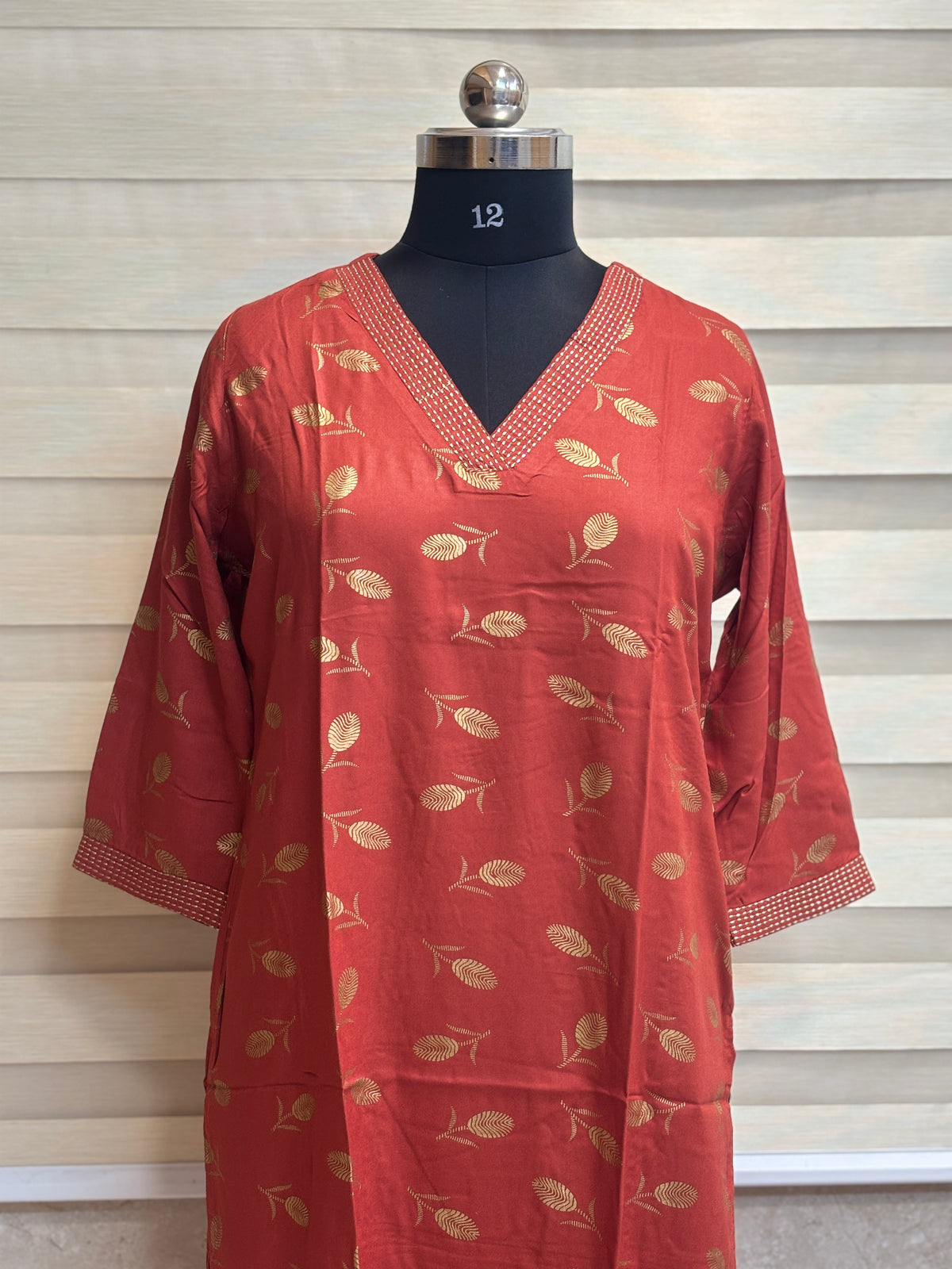 Coral Red Golden Leaf Printed Kurti Top