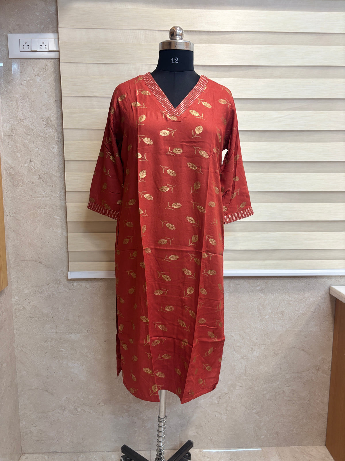 Coral Red Golden Leaf Printed Kurti Top