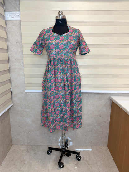 Teal Pink Floral Printed Hakoba Non Feeding Maxi