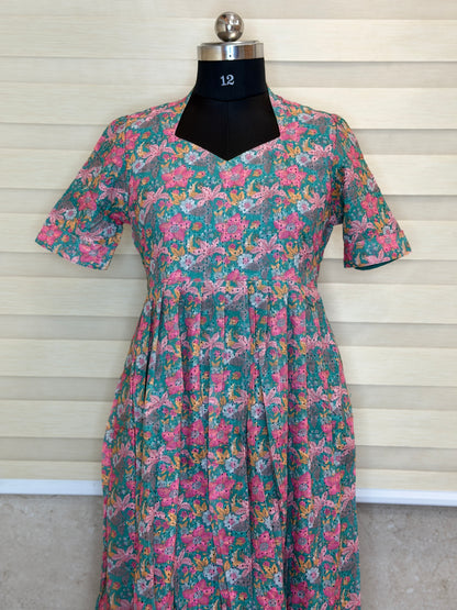 Teal Pink Floral Printed Hakoba Non Feeding Maxi