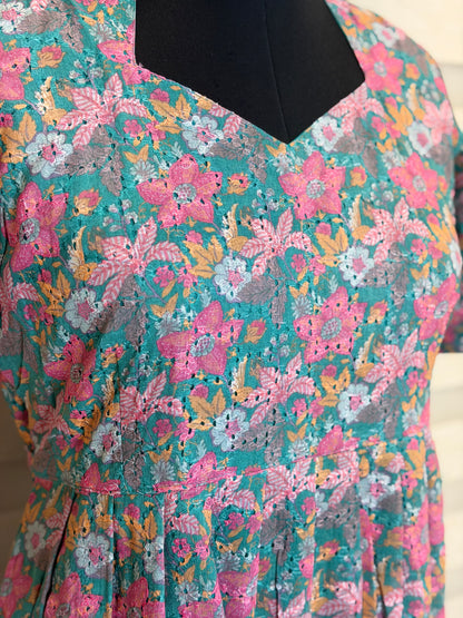 Teal Pink Floral Printed Hakoba Non Feeding Maxi