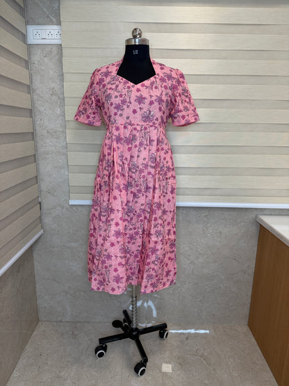 Peach Pink Floral Printed Hakoba Non Feeding Maxi