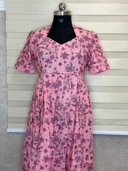 Peach Pink Floral Printed Hakoba Non Feeding Maxi