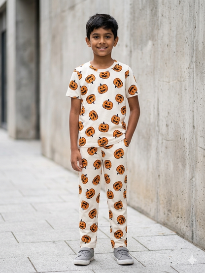 Beige Pumpkin Print T-Shirt and Pant Co-ords