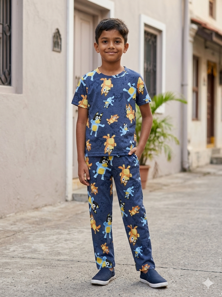 Navy Cartoon Dog Print T-Shirt and Pant Co-ords