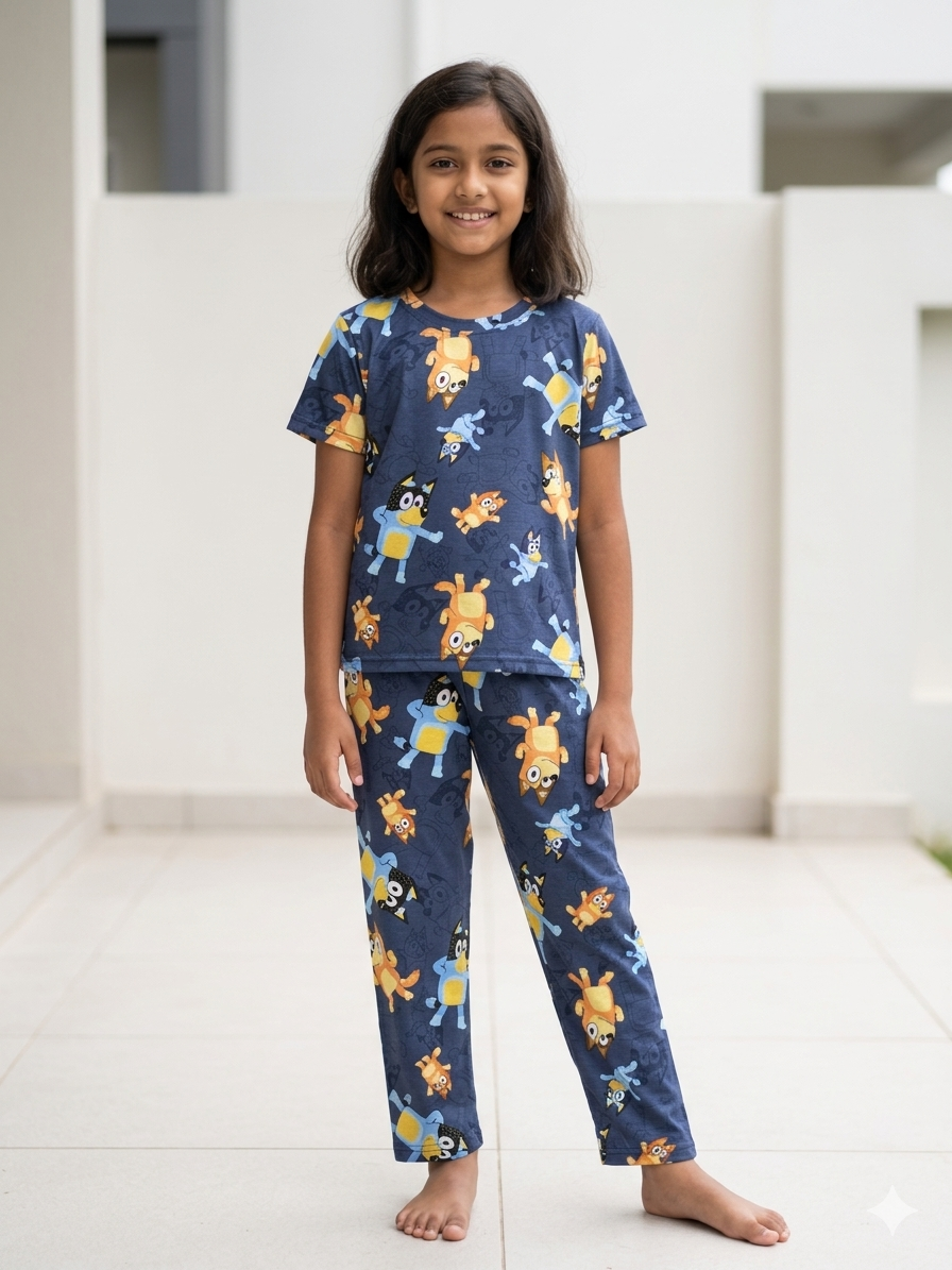 Navy Cartoon Dog Print T-Shirt and Pant Co-ords
