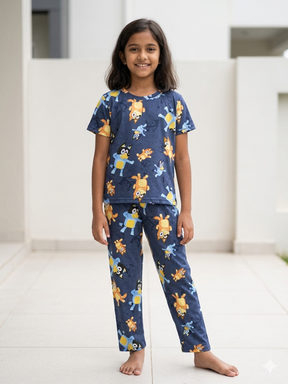 Navy Cartoon Dog Print T-Shirt and Pant Co-ords