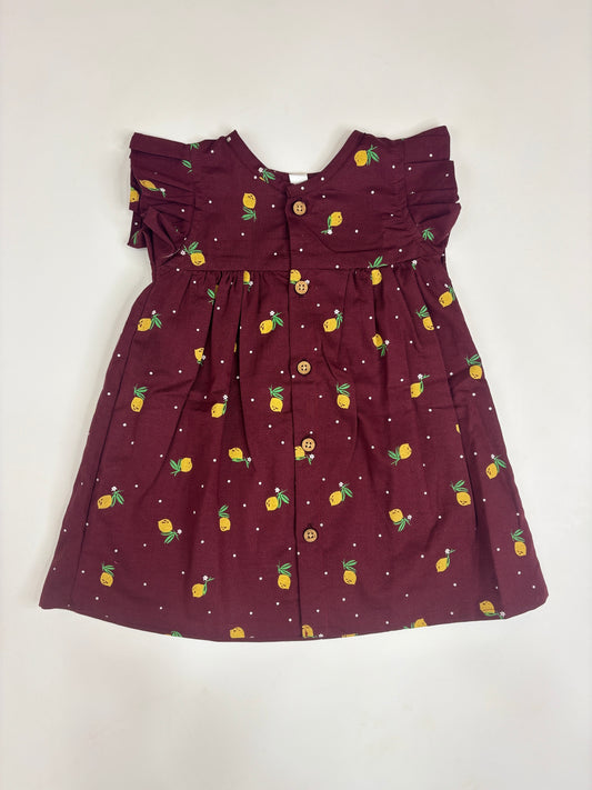 Wine Lemon Print Front-Open Frock