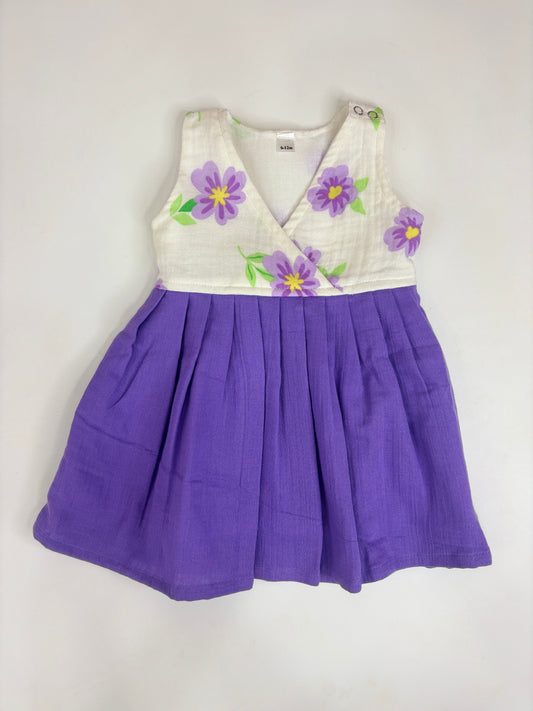Purple Floral Print Ivory Bodice Kids Frock