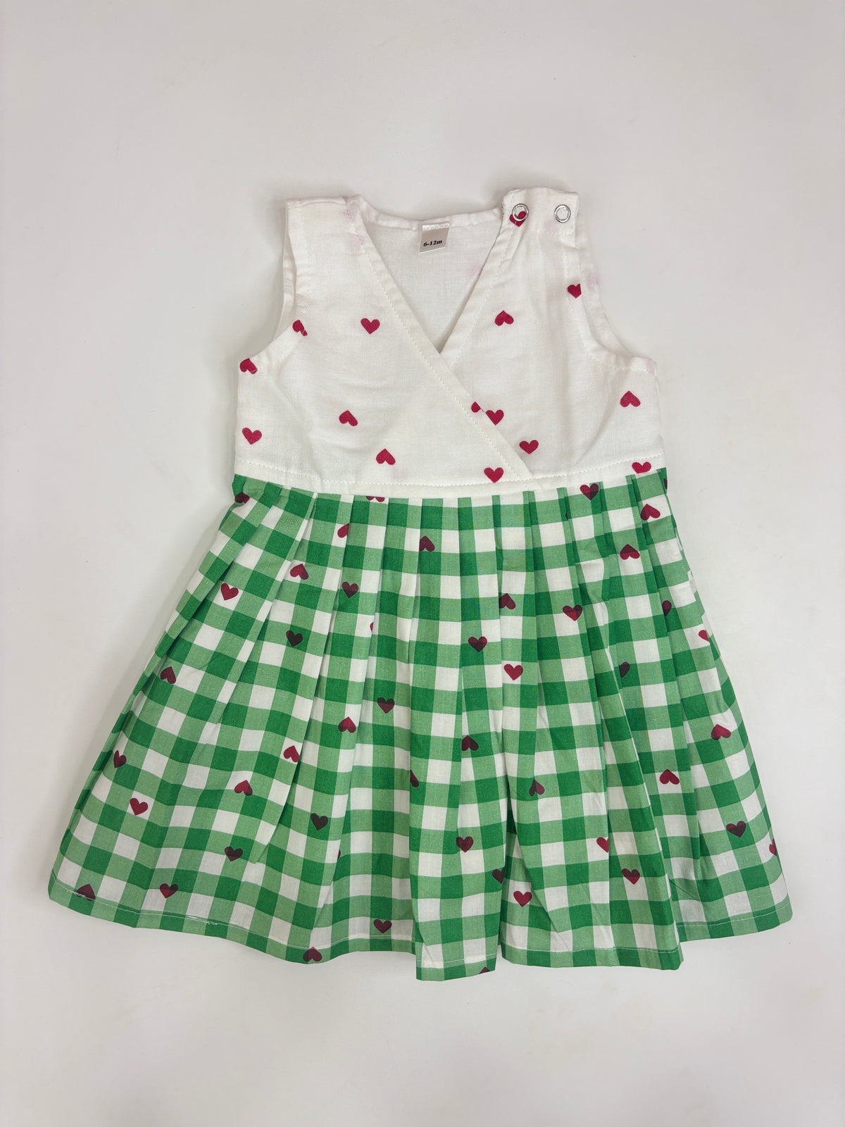 Green Gingham Heart Print Ivory Bodice Kids Frock