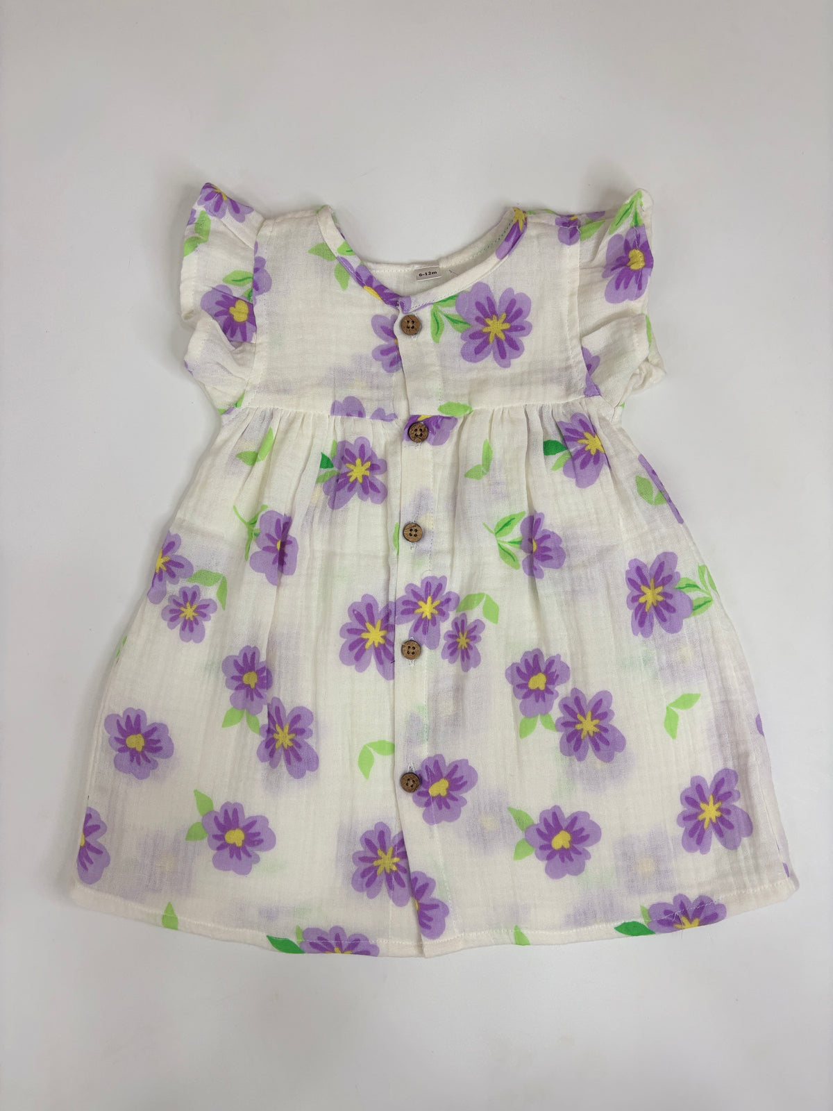 Ivory White Purple Daisy Floral Print Front-Open Frock