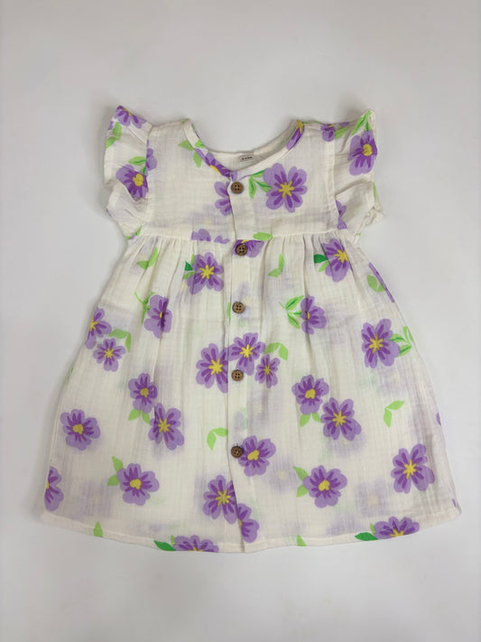 Ivory White Purple Daisy Floral Print Front-Open Frock