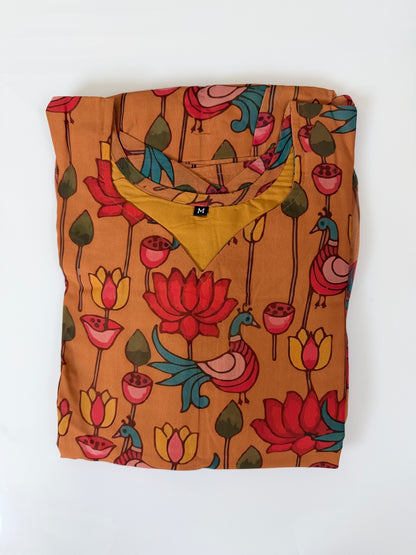 Mustard Red Peacock Printed Georgette Outdoor Non-Feeding Maxi