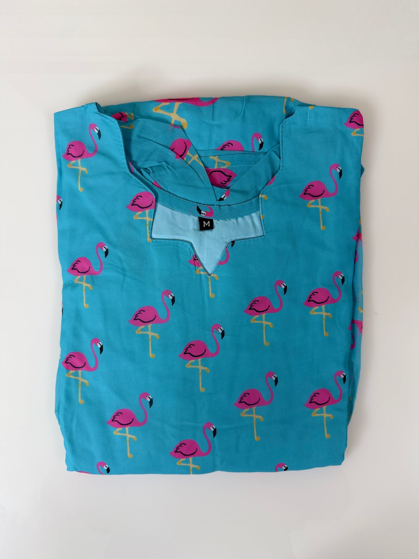 Sky Blue Pink Flamingo Printed Georgette Outdoor Non-Feeding Maxi