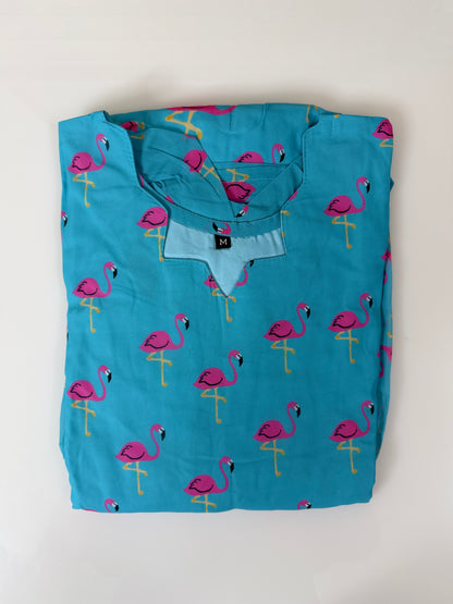 Sky Blue Pink Flamingo Printed Georgette Outdoor Non-Feeding Maxi