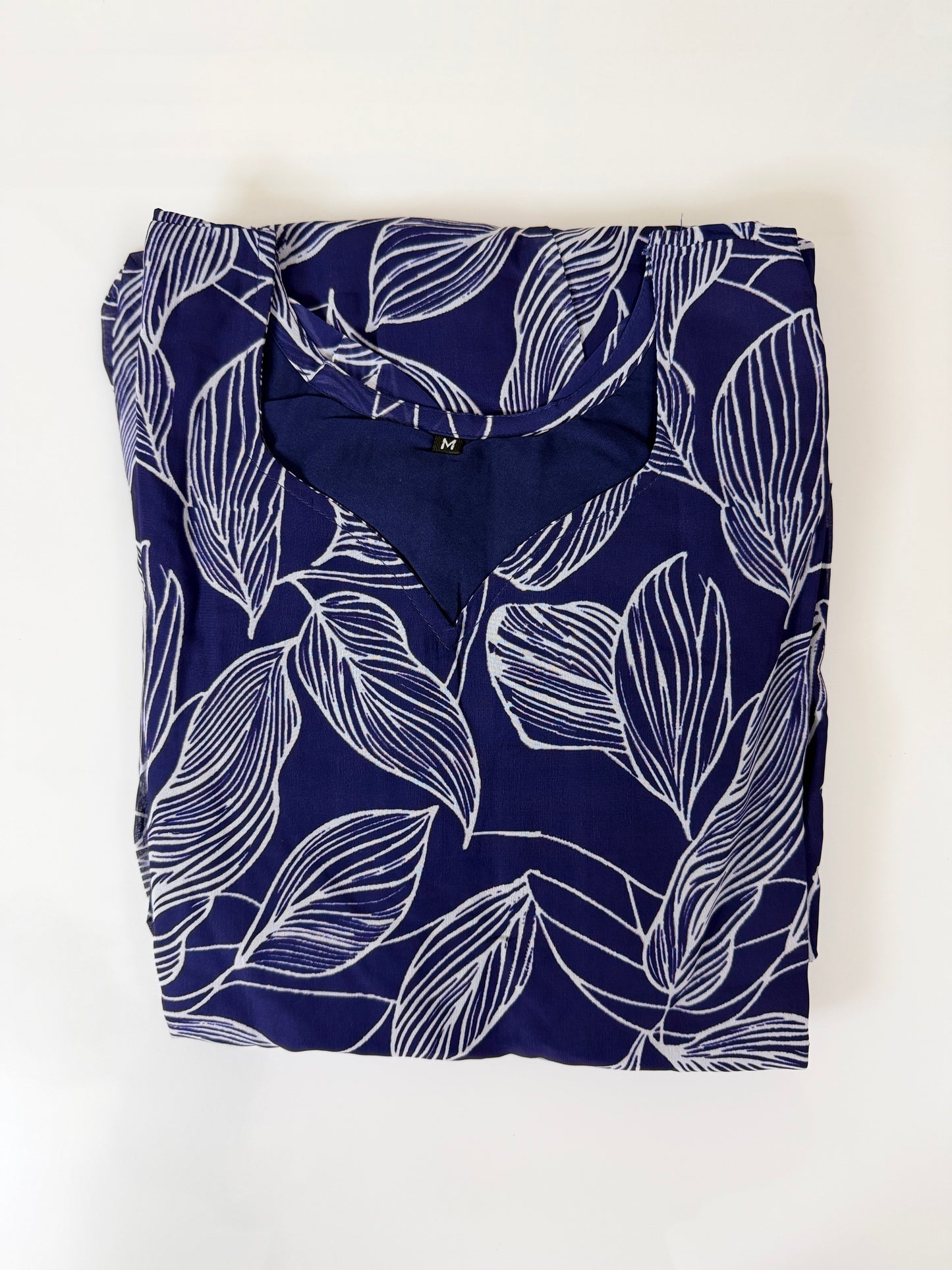 Navy Blue White Leaf Printed Georgette Outdoor Non-Feeding Maxi