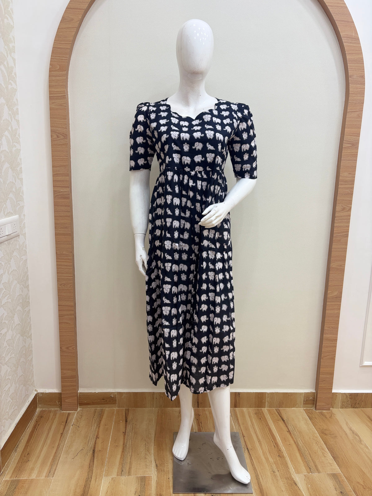 Black & White Elephant Print Pure Jaipur Cotton Non-Feeding Maxi