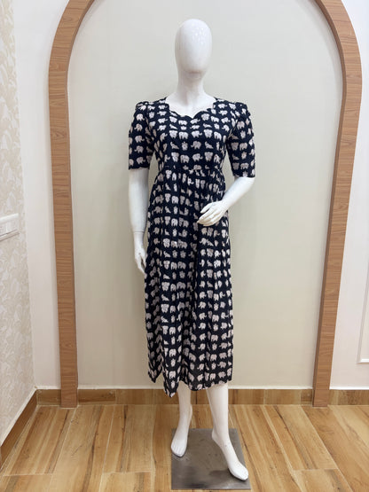 Black & White Elephant Print Pure Jaipur Cotton Non-Feeding Maxi