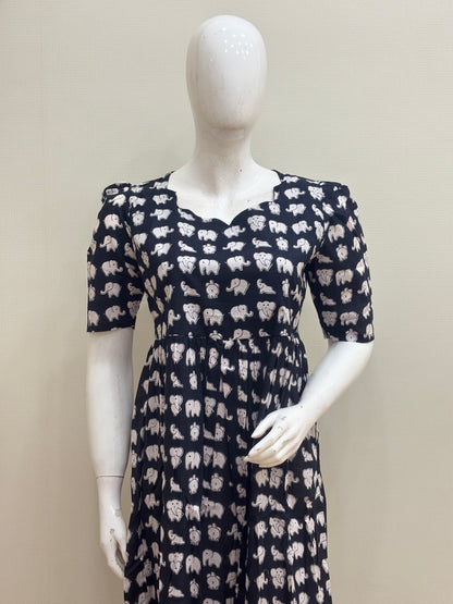 Black & White Elephant Print Pure Jaipur Cotton Non-Feeding Maxi