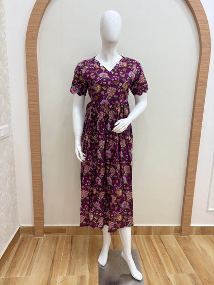 Plum Purple Multicolor Floral Vine Print Pure Jaipur Cotton Non-Feeding Maxi