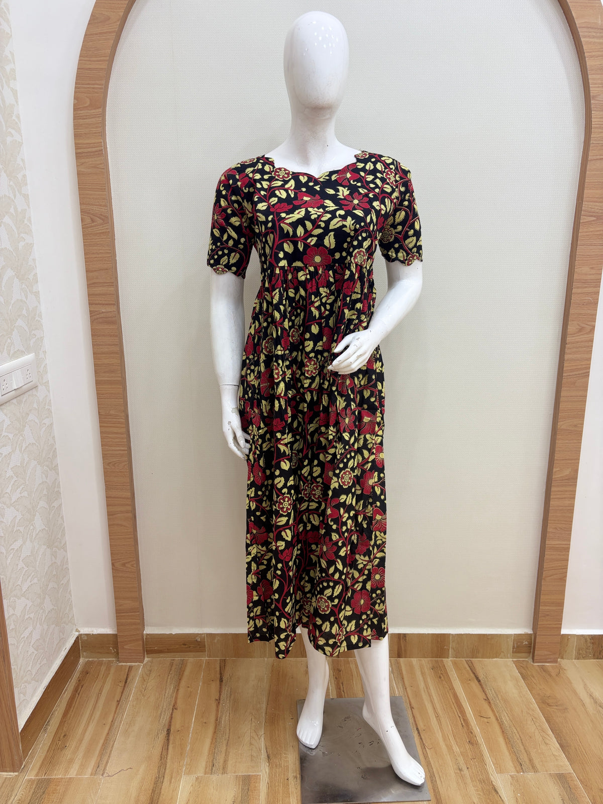 Black Maroon & Mustard Floral Vine Print Pure Jaipur Cotton Non-Feeding Maxi