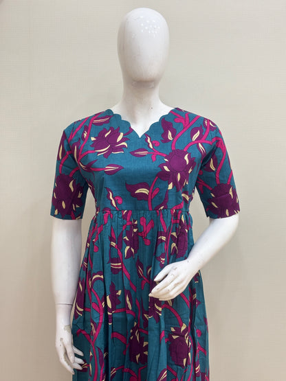 Teal Blue Floral Print Pure Jaipur Cotton Non-Feeding Maxi