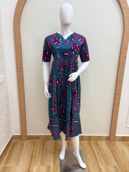 Teal Blue Floral Print Pure Jaipur Cotton Non-Feeding Maxi