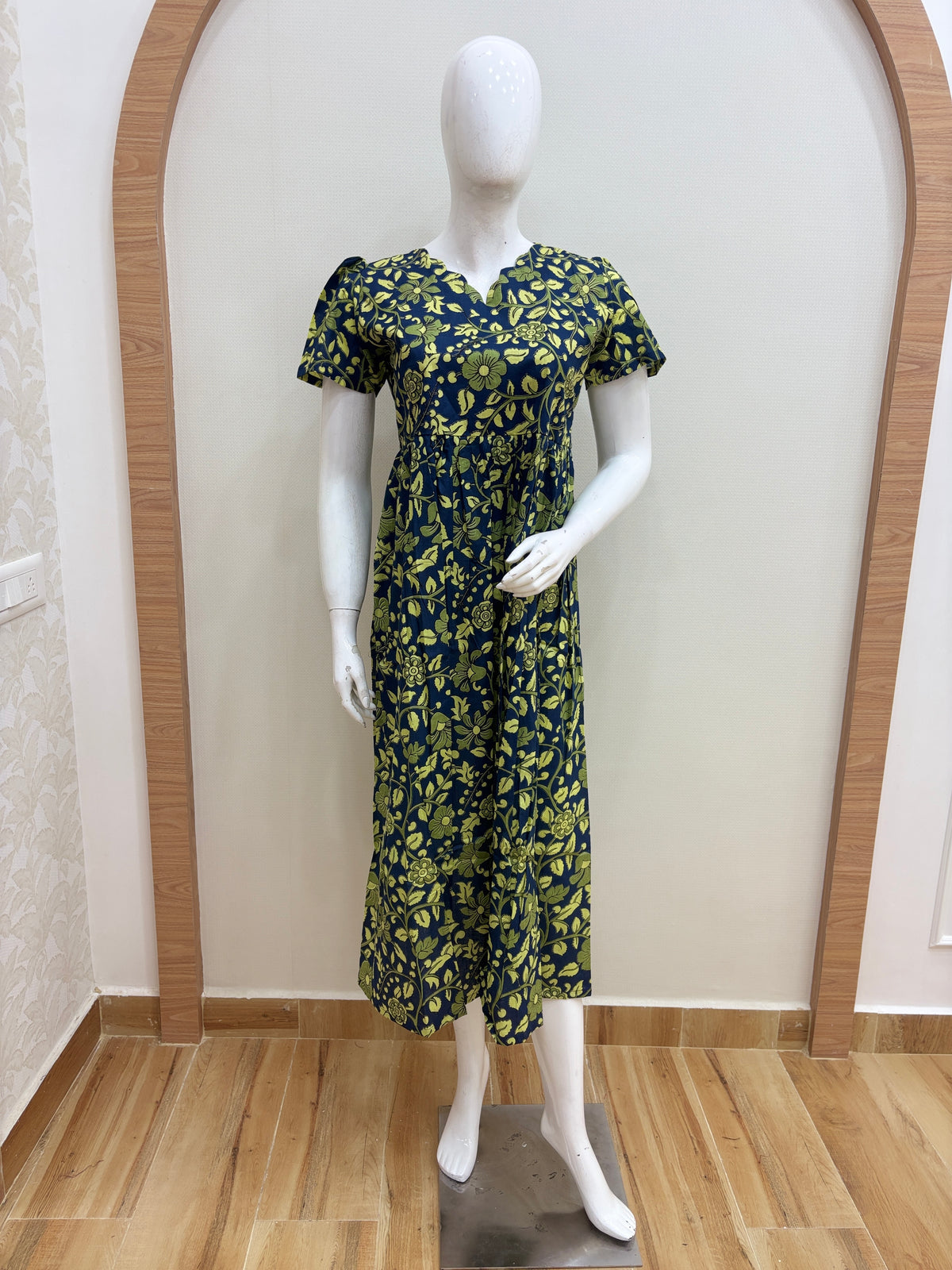 Navy Blue Floral Print Pure Jaipur Cotton Non-Feeding Maxi