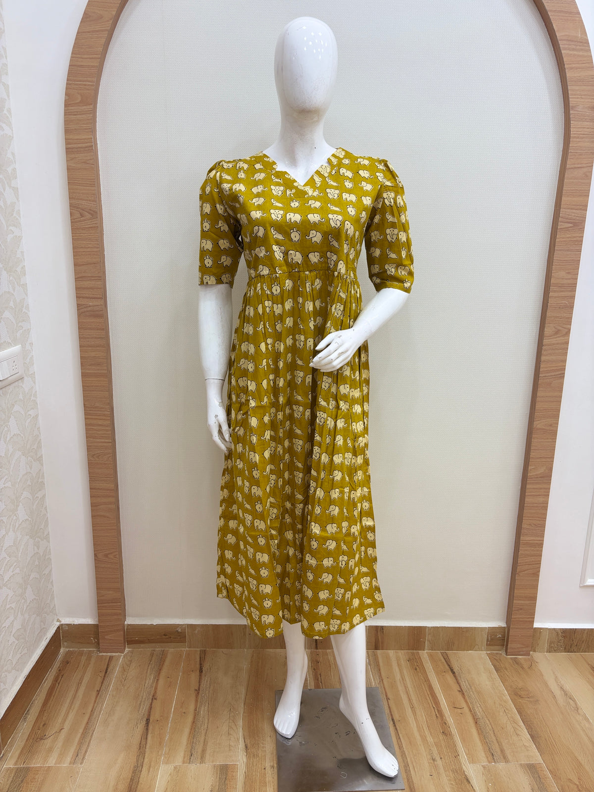 Mustard Yellow White Elephant Print Pure Jaipur Cotton Non-Feeding Maxi