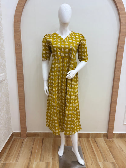 Mustard Yellow White Elephant Print Pure Jaipur Cotton Non-Feeding Maxi