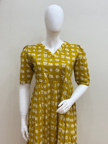 Mustard Yellow White Elephant Print Pure Jaipur Cotton Non-Feeding Maxi