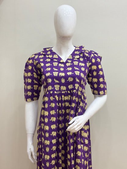 Royal Purple Elephant Print Pure Jaipur Cotton Non-Feeding Maxi