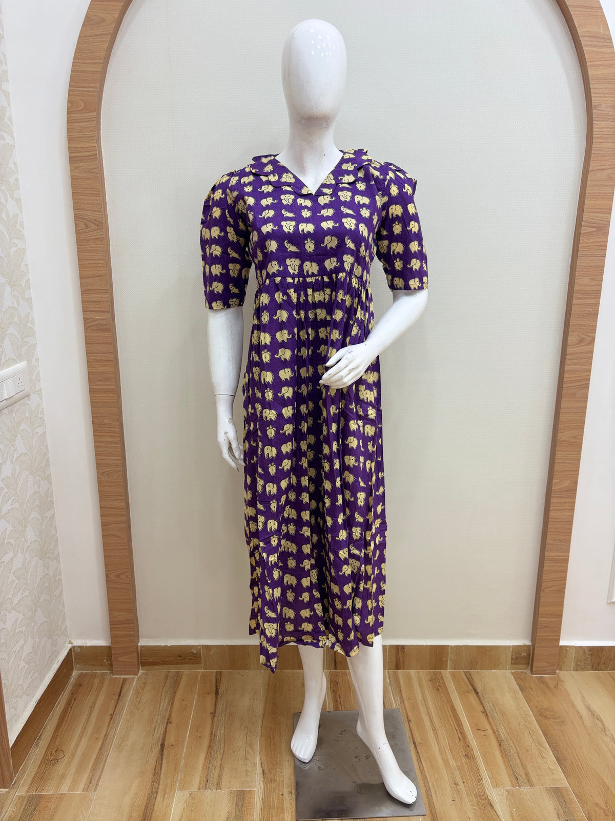 Royal Purple Elephant Print Pure Jaipur Cotton Non-Feeding Maxi