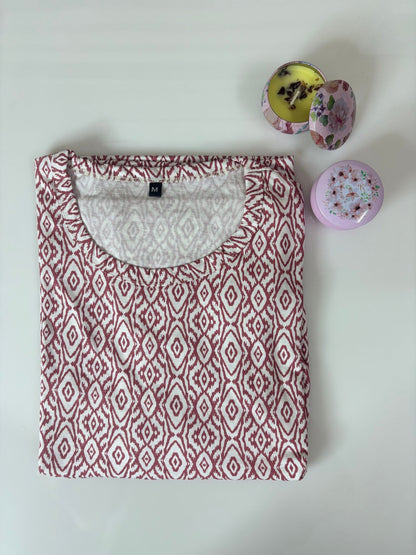Brown Geometric Printed Round Neck Lounge Frock