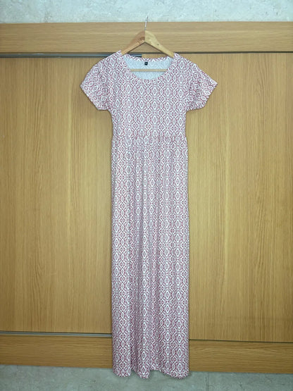 Brown Geometric Printed Round Neck Lounge Frock