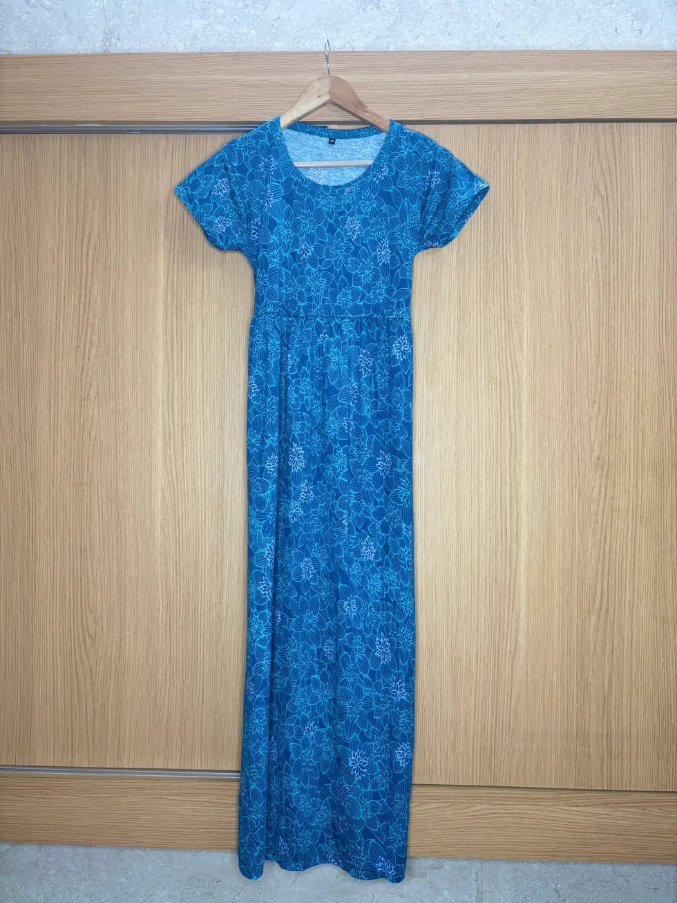 Sky Blue Floral Printed Round Neck Lounge Frock