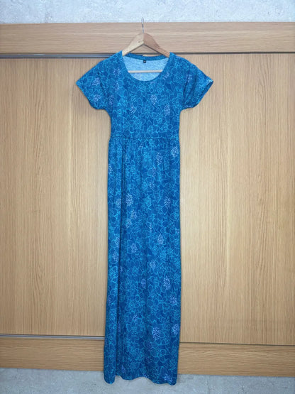 Sky Blue Floral Printed Round Neck Lounge Frock