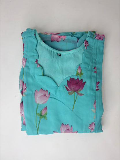 Aqua Blue Lotus Floral Print Non-Feeding Maxi