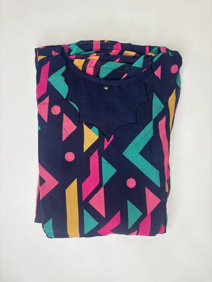 Navy Blue Geometric Abstract Print Non-Feeding Maxi