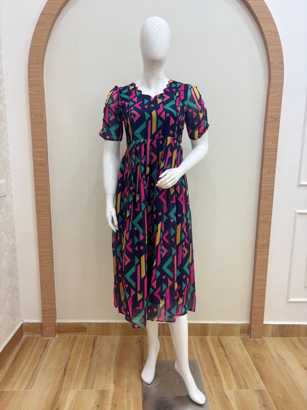 Navy Blue Multicolor Geometric Print Feeding Maxi