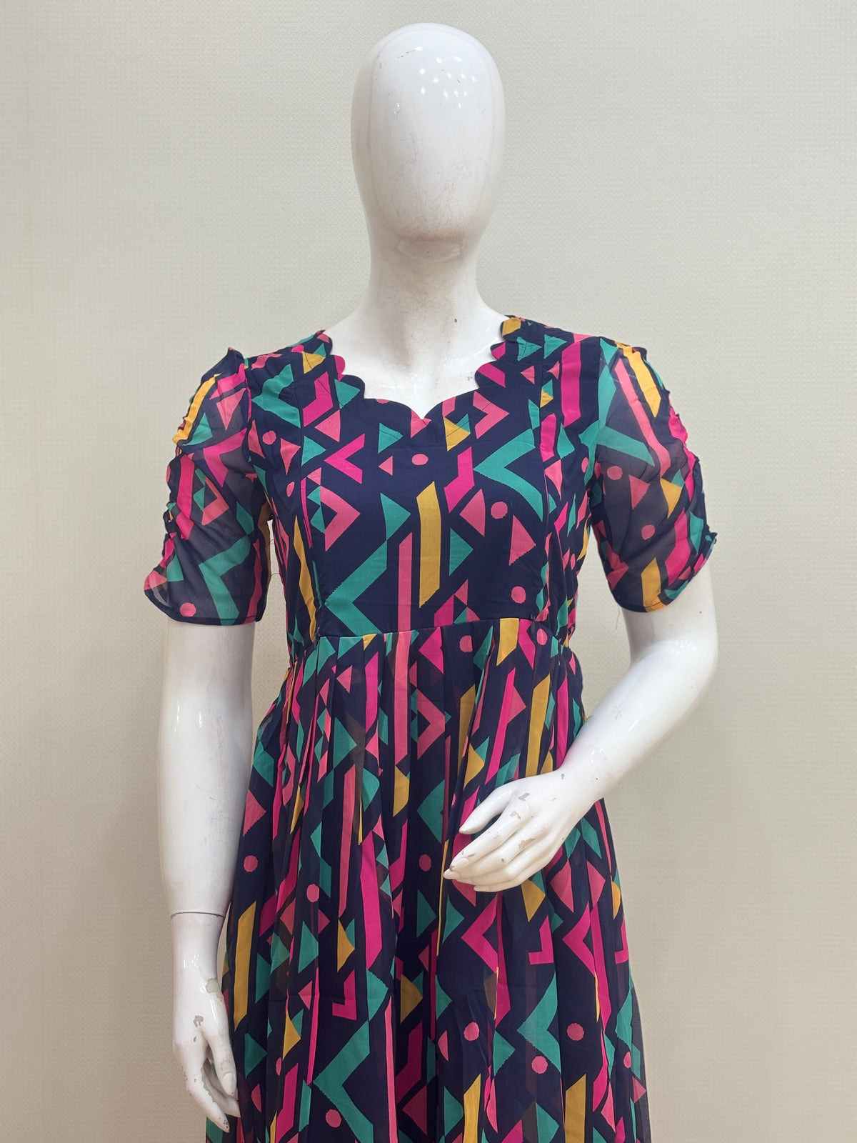 Navy Blue Multicolor Geometric Print Feeding Maxi