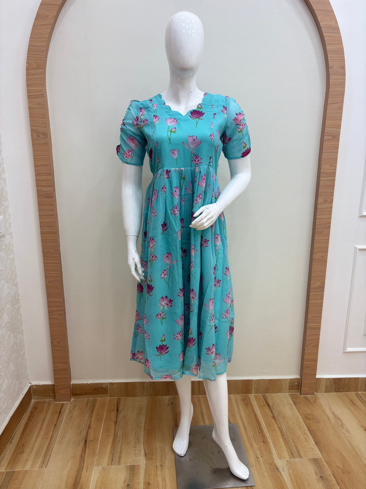 Aqua Blue Lotus Floral Print Feeding Maxi